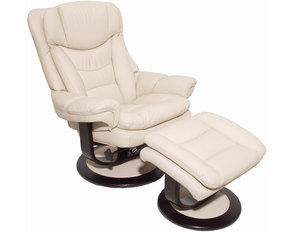 Roscoe Leather Pedestal Recliner and Ottoman in Ivory