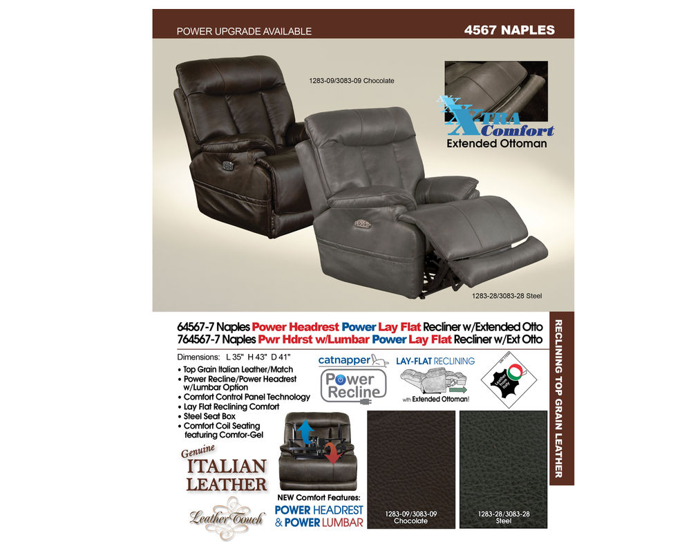 Naples Leather Power Headrest Power Lay Flat Recliner w/Extended Ottoman  (Choice of Colors), image size:1000x800