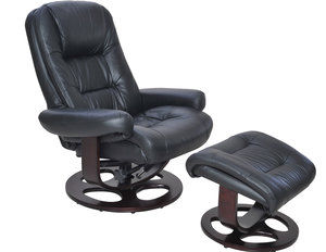 Jacque Leather Pedestal Recliner and Ottoman in Black