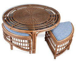 Raffles Rattan Round Cocktail Table with Four Benches (Custom fabrics)