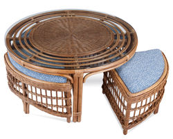 Raffles Rattan Round Cocktail Table with Four Benches  (Custom fabrics)