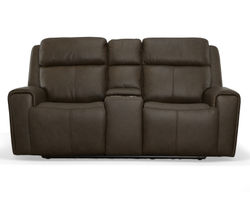 Barnett Power Reclining Loveseat with Console and Power Headrests and Lumbar (Dark Brown leather) in stock