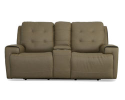 Iris Power Reclining Loveseat with Console & Power Headrests (Tan leather)