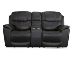 Crew Power Reclining Loveseat with Console, Power Headrests & Lumbar (Black leather)