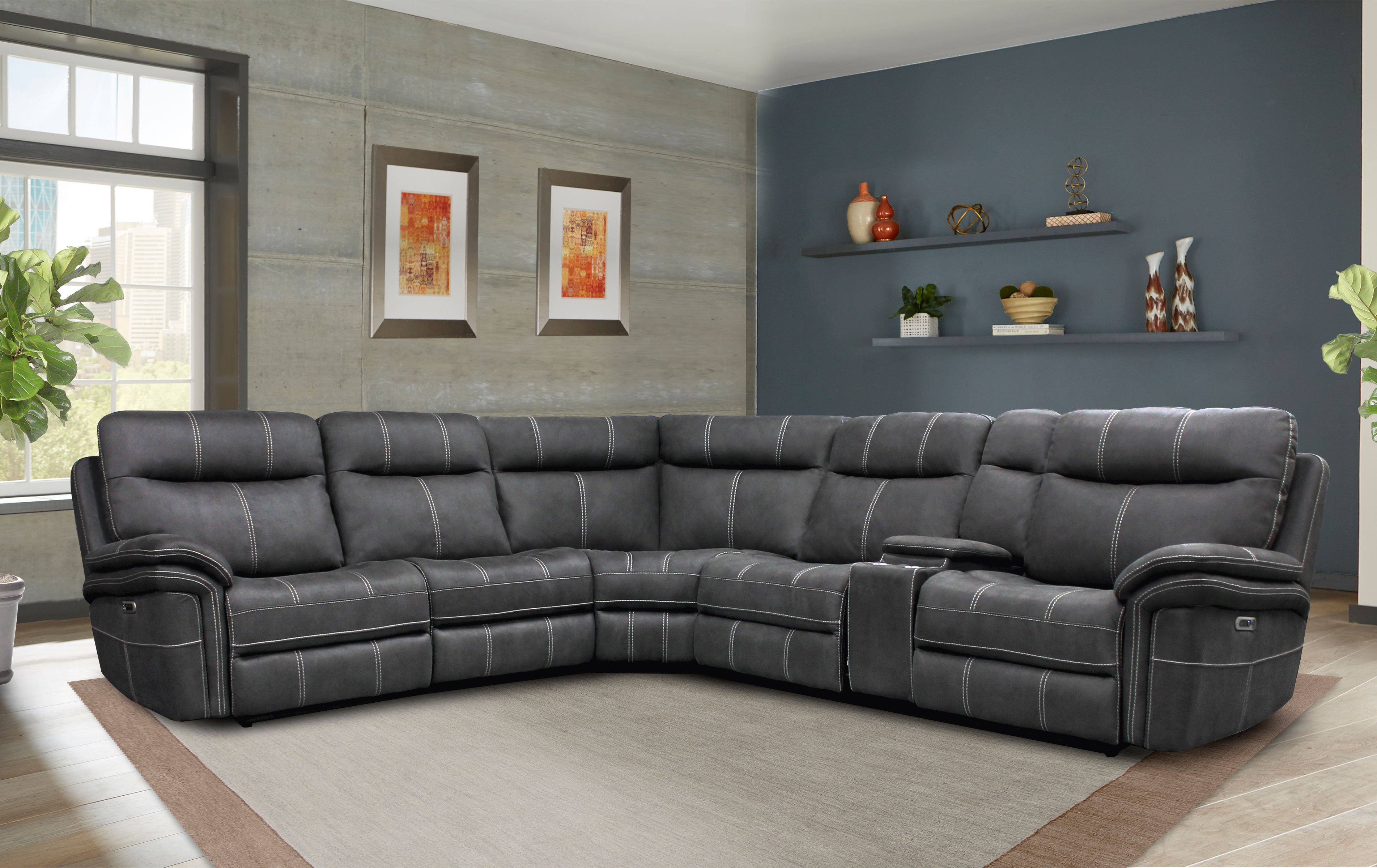 Mason Power Headrest Power Reclining Sectional Charcoal In stock Fast shipping Sofas and Sectionals