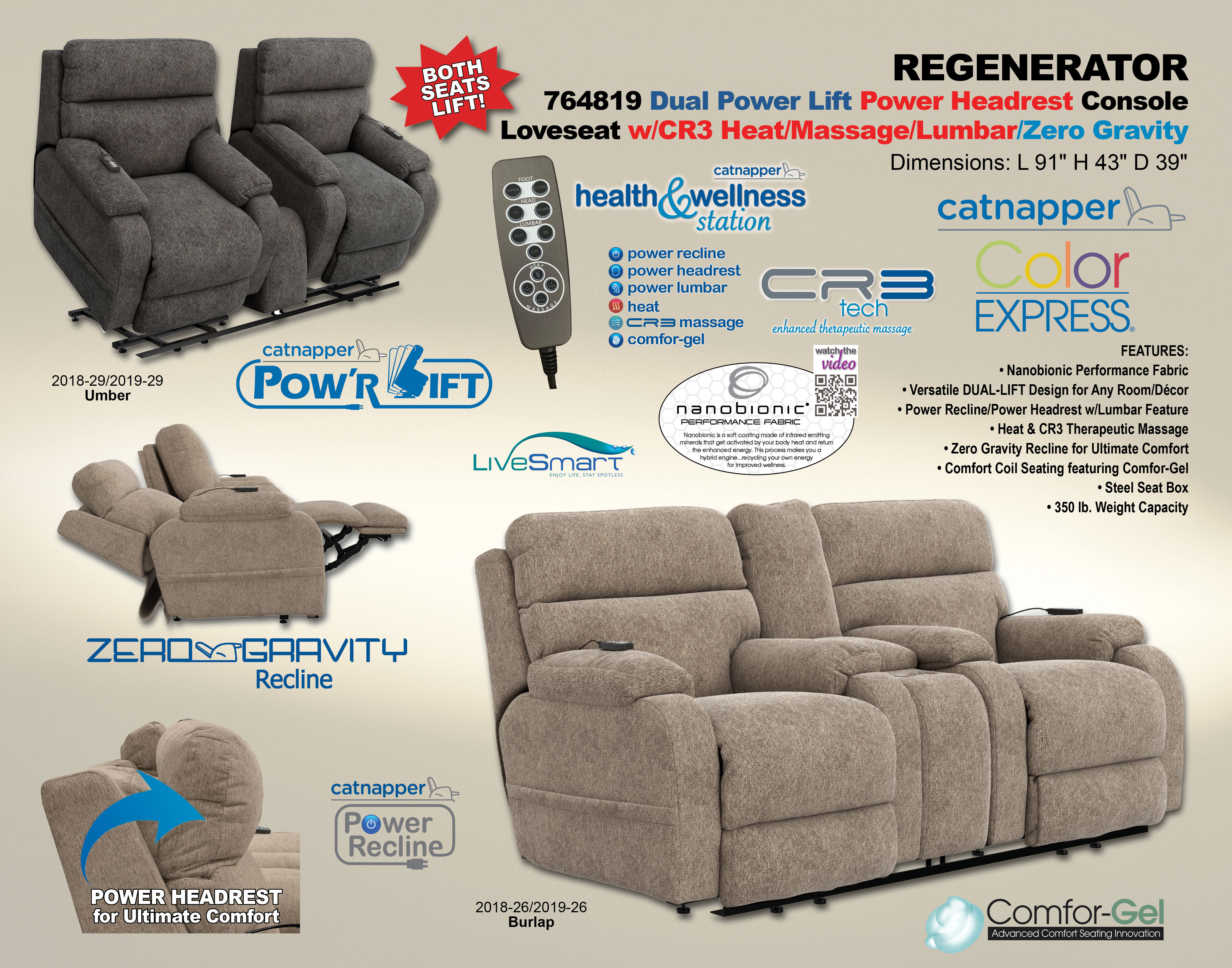 Regenerator Dual LIFT ZG Reclining Loveseat w/Heat, Massage
