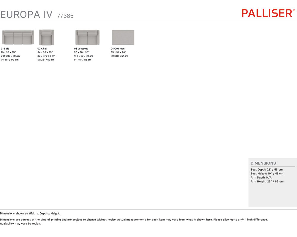 Europa IV 77385 Apartment Size Sofa (Colors Available) 79