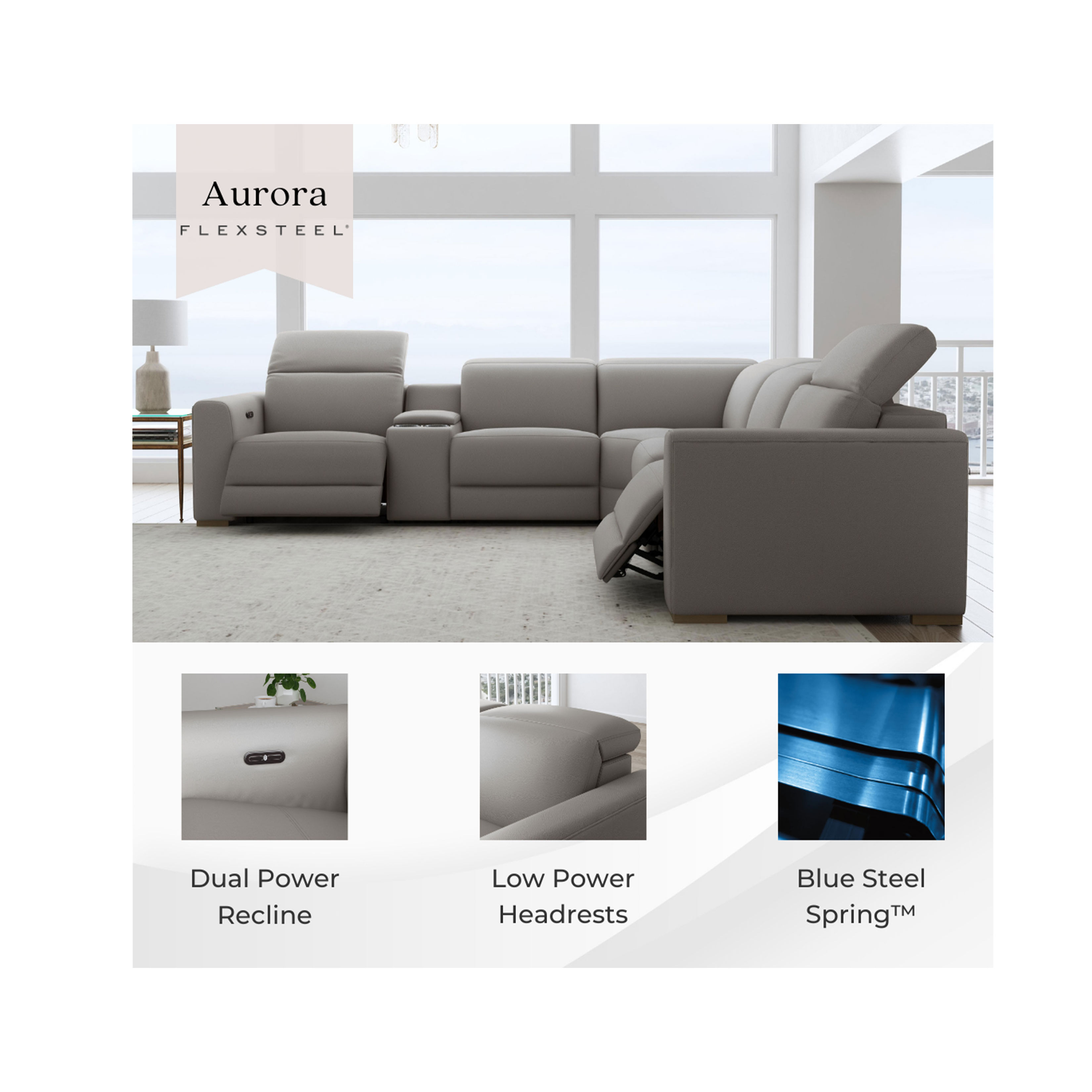 Aurora Leather Power Headrest Power Reclining Sectional (+2 colors